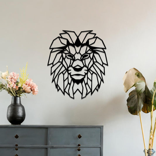 Metal wall art featuring a geometric lion head design with intricate angular detailing, crafted with precise laser-cut techniques, displayed on a neutral wall within modern decor.