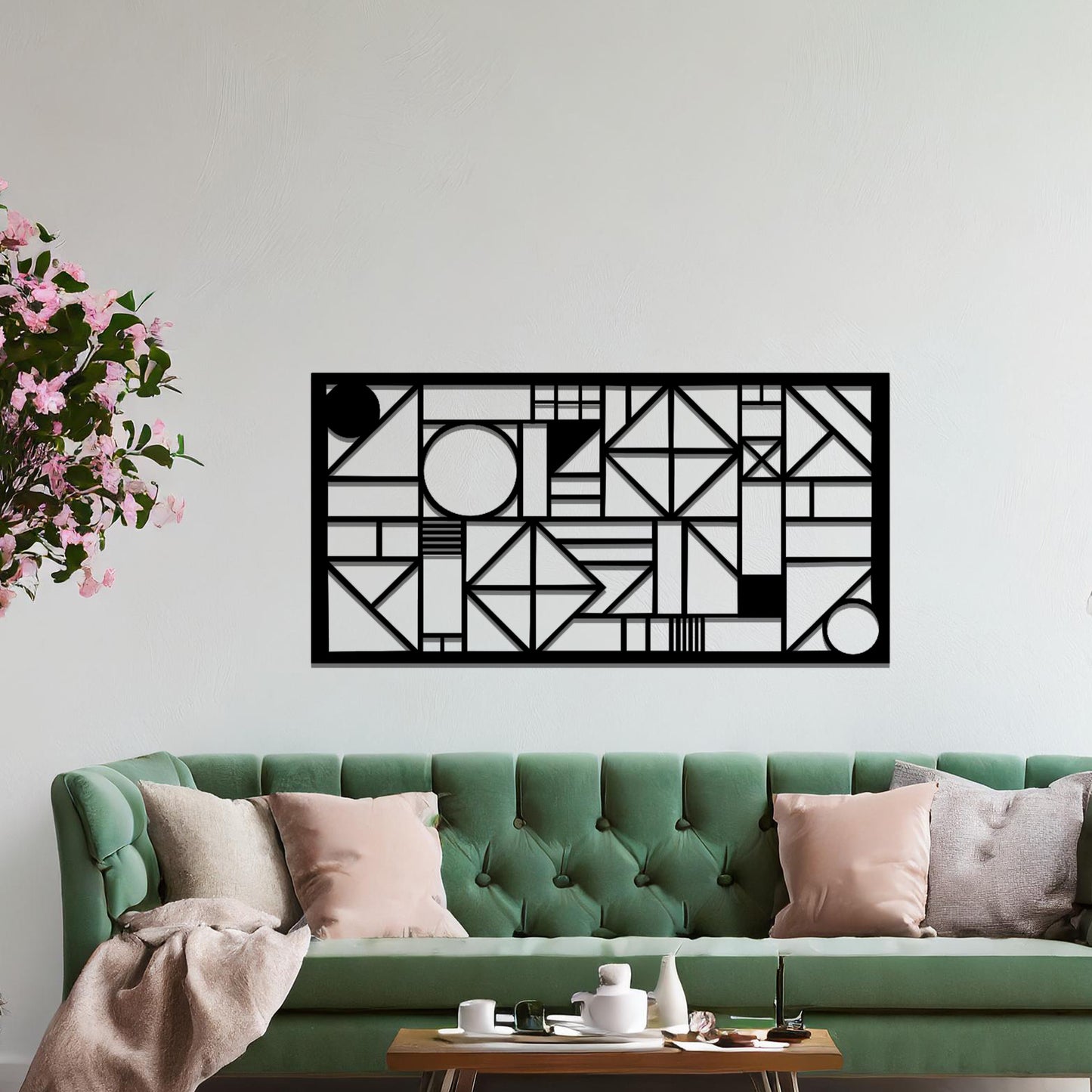 Metal wall art with a geometric design, featuring various abstract shapes, lines, and angles arranged in a structured composition. The art is placed on a neutral wall within modern room decor, adding an artistic touch to the space.