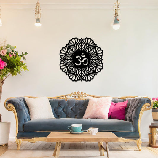 Metal wall art featuring an intricate mandala design with the Om symbol at its center, mounted on a neutral wall within modern decor. The spiritual motif and detailed craftsmanship create a calming and elegant focal point.