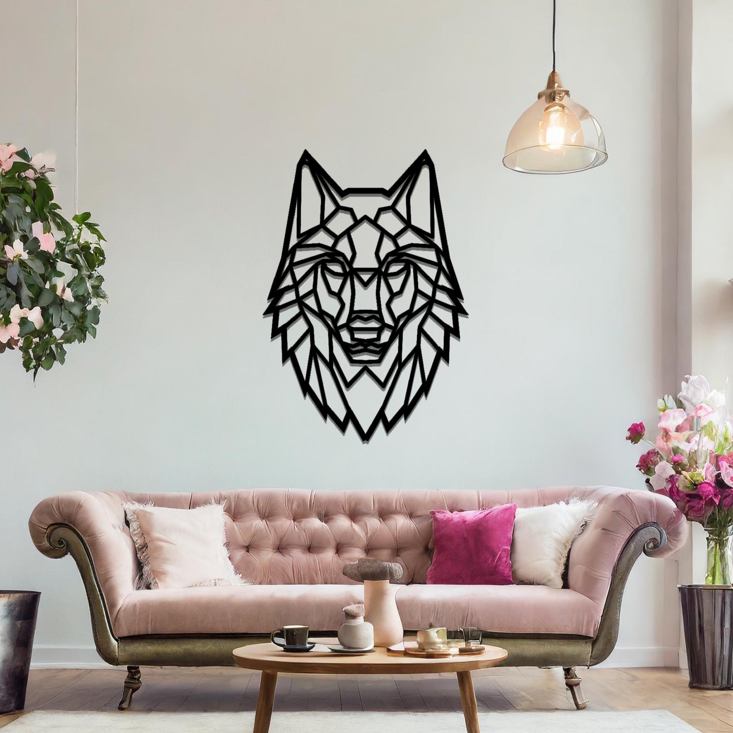 A geometric wolf head wall art design, blending modernity with the untamed spirit of nature. Its intricate lines form a striking focal point for any contemporary living space.