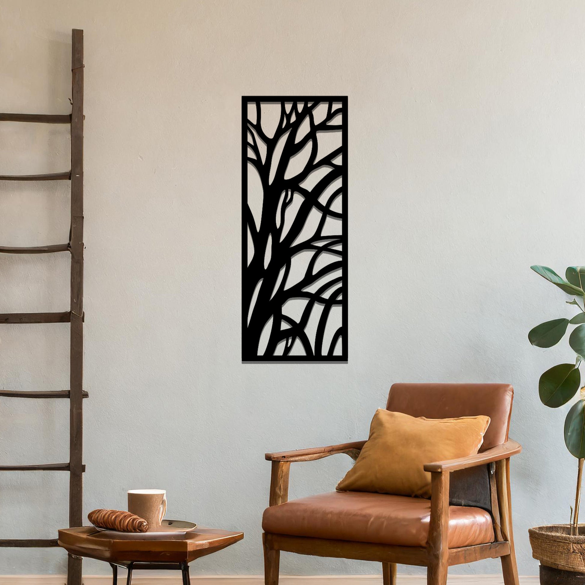 Metal wall art featuring a rectangular design with an abstract tree branch pattern, mounted on a neutral wall within modern room decor. The bold, minimalist craftsmanship adds a touch of natural elegance and contemporary style to the space.