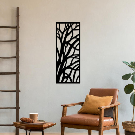Metal wall art featuring a rectangular design with an abstract tree branch pattern, mounted on a neutral wall within modern room decor. The bold, minimalist craftsmanship adds a touch of natural elegance and contemporary style to the space.
