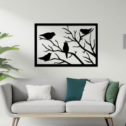 Metal wall art featuring a rectangular design of birds perched on bare branches, showcasing intricate silhouettes and adding a touch of nature-inspired charm to the interior space.