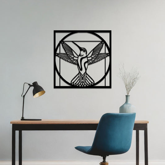 Square wall art featuring a hummingbird in a geometric frame, its wings spread gracefully within a circular design, adding a harmonious and elegant focal point to your space.