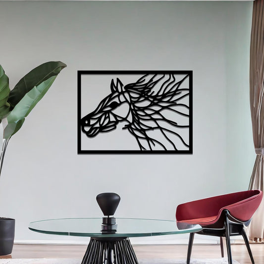 Dynamic depiction of a horse head in abstract lines, capturing motion and strength in an artistic frame. Perfect for equestrian enthusiasts or as a statement design in modern interiors.