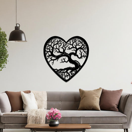 Metal wall art featuring a heart-shaped design with a detailed tree and intricate branching pattern, creating a striking and artistic focal point for the room.