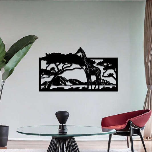 A stunning wall art piece showcasing a giraffe standing gracefully beneath a tree, set against a backdrop of mountains and an expansive savanna landscape. Perfect for bringing an essence of wildlife into your space.