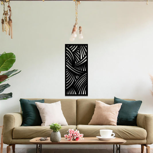 A dynamic metal wall art design featuring intricate curved lines and sweeping arcs, creating a sense of movement and depth. The artwork is displayed on a neutral wall within a modern living space, adding a sophisticated touch.