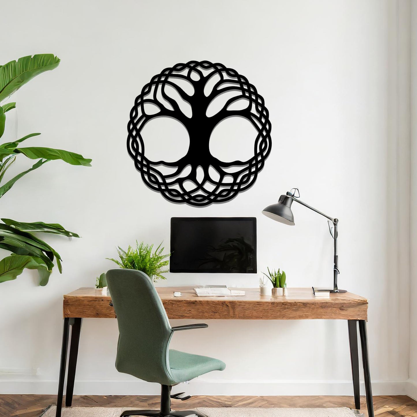 Metal wall art featuring a circular tree of life design with intricately interwoven branches and roots, creating a harmonious and symbolic focal point for the room.