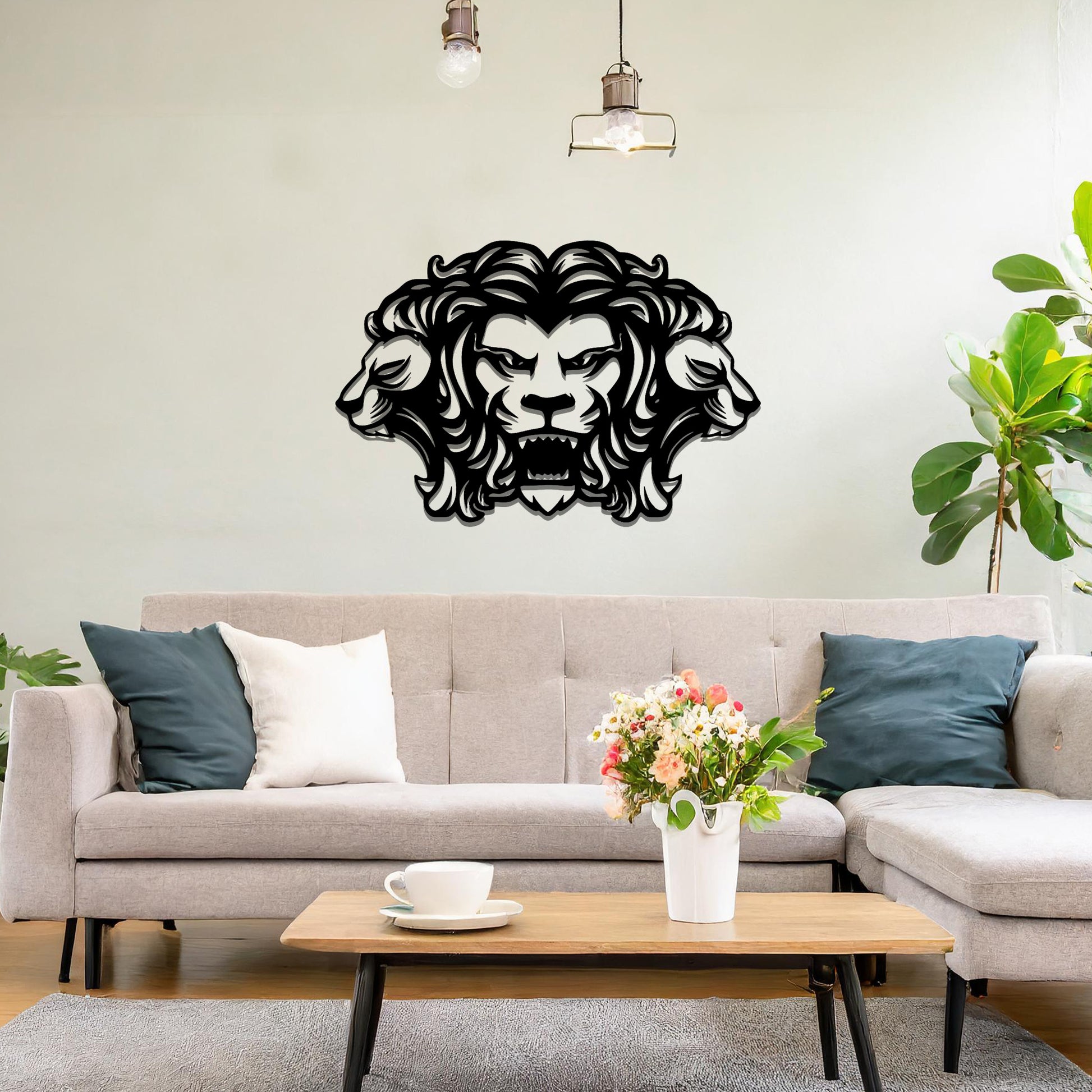 A bold and powerful design showcasing a roaring lion flanked by two ram heads, symbolising strength and leadership. The intricate details bring this dynamic composition to life, perfect for statement decor.