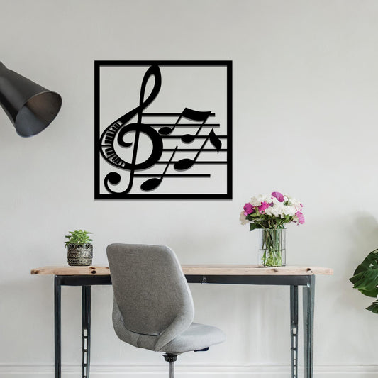 Metal wall art featuring a square design with a treble clef and musical notes on a staff, adding a harmonious and artistic touch to the space.