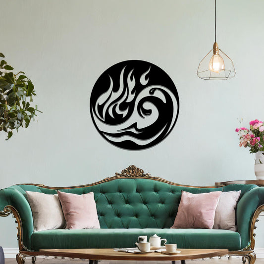 Metal wall art featuring a circular design with a dynamic swirl of flames and waves, mounted on a neutral wall within modern decor. The fluid lines and bold elements create a striking and energetic focal point for the room.