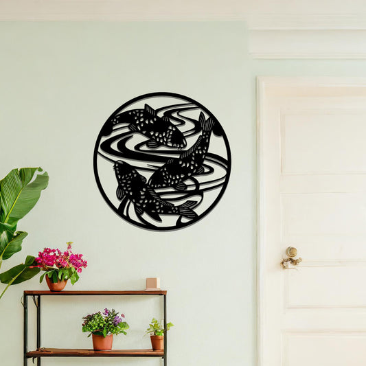 Metal wall art featuring a serene design of koi fish swimming in swirling water. The art is placed on a neutral wall within modern room decor, bringing a peaceful, nature-inspired touch to the space.