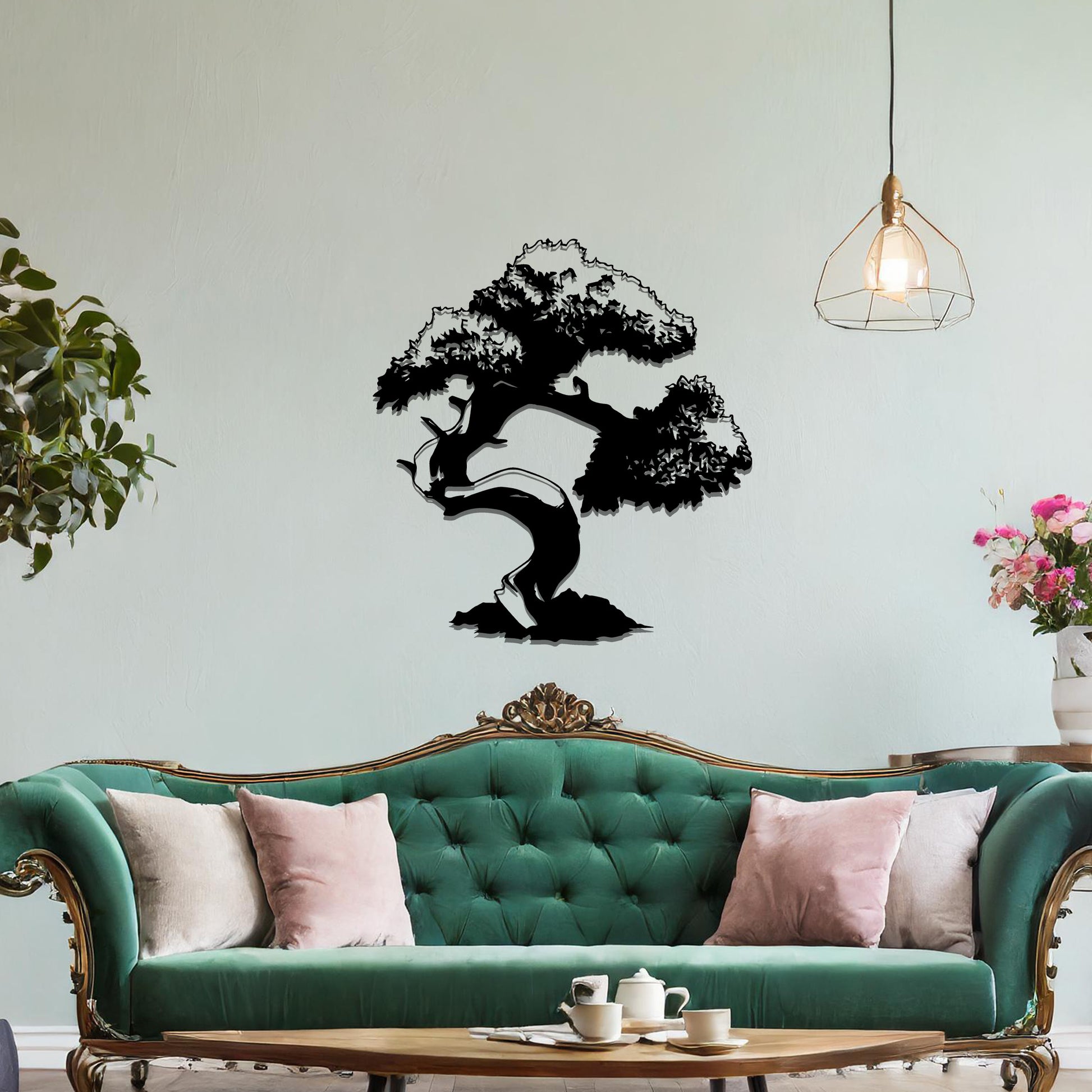 Metal wall art featuring a beautifully detailed bonsai tree design with a gracefully twisted trunk and a lush, intricate canopy, adding an elegant and nature-inspired focal point to the room's decor.