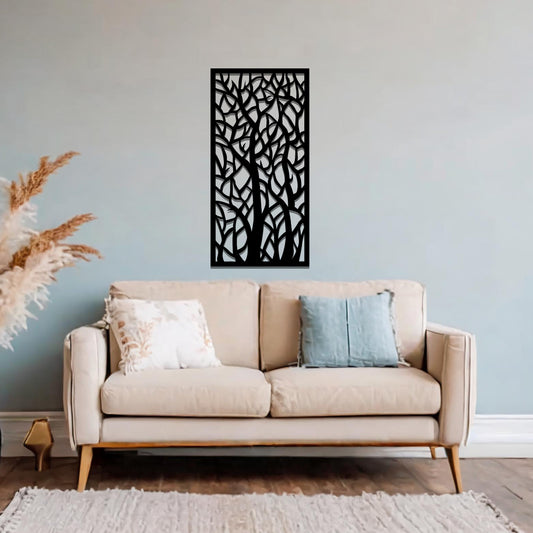 Metal wall art featuring a rectangular design with intricate tree branches and abstract shapes, creating a visually captivating and artistic focal point for the room.