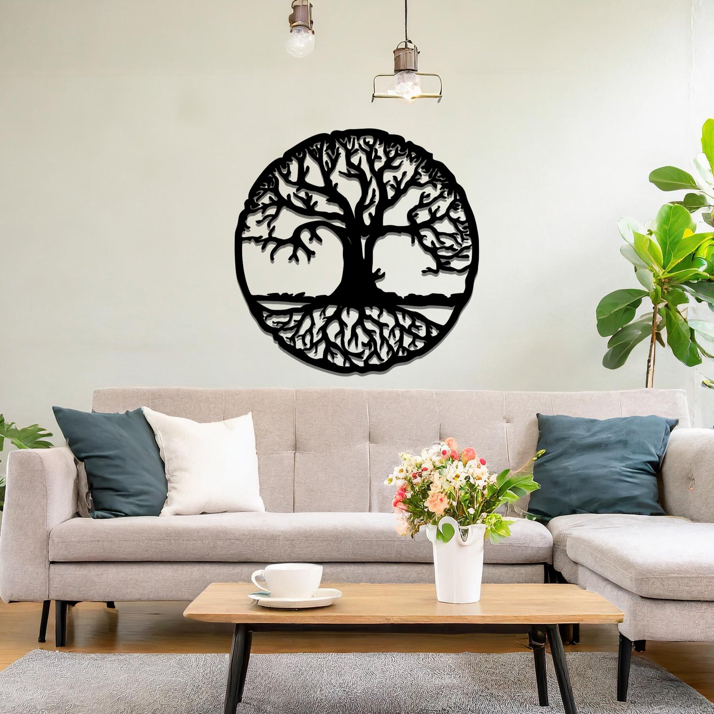 A captivating tree of life design enclosed in a circular frame, highlighting intricate branches and roots. This wall art symbolises harmony, growth, and connection, making it a meaningful addition to any interior space.