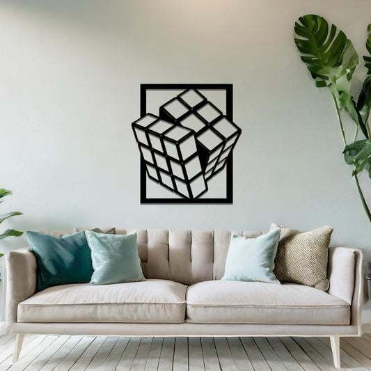 Metal wall art featuring a rectangular design of a three-dimensional cube, showcasing bold geometric shapes and a modern aesthetic as a statement piece.