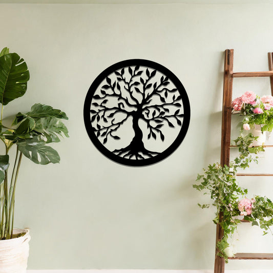Metal wall art featuring a circular tree of life design with intricate branches and leaves, mounted on a neutral wall within modern bedroom decor. The detailed craftsmanship and symbolic motif create a calming and elegant focal point in the room.