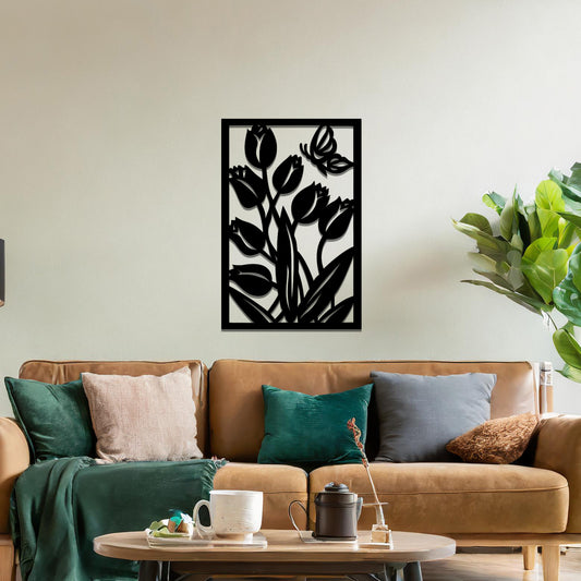 Metal wall art depicting tulips with a butterfly hovering above them. The design captures the beauty of nature, placed on a neutral wall within modern room decor, enhancing the fresh and vibrant feel of the space.