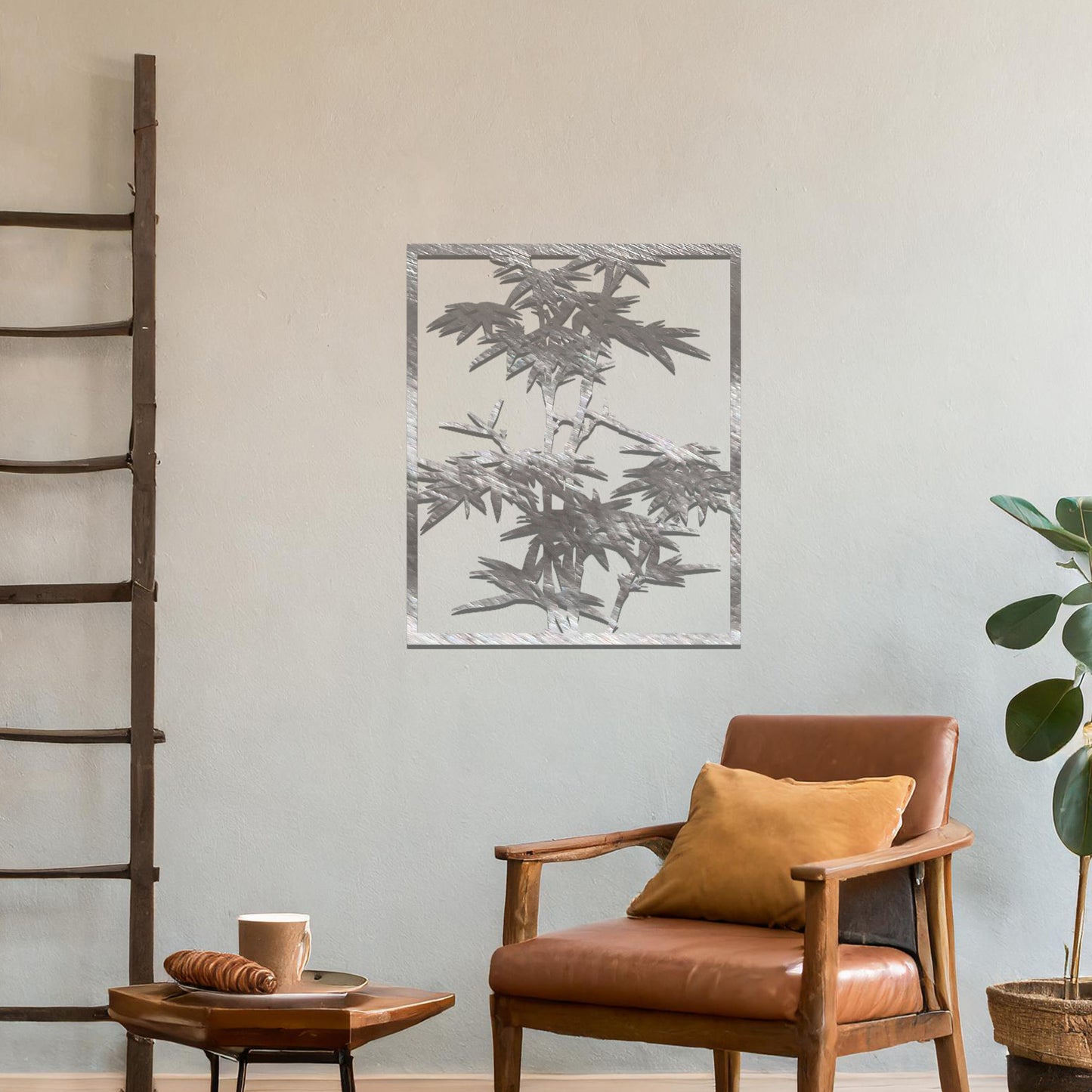 Metal wall art featuring a rectangular design of bamboo stalks with detailed leaves, creating an elegant and nature-inspired accent for the living space.
