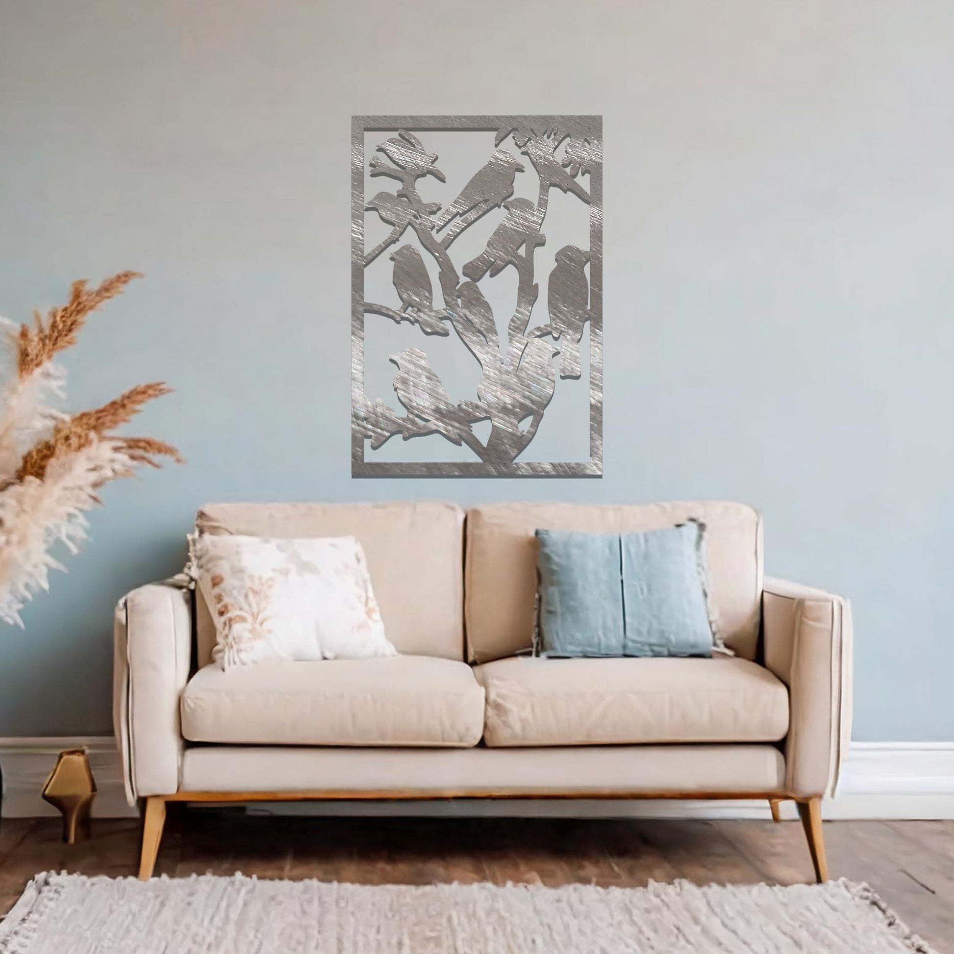 A beautifully crafted wall art featuring a flock of birds perched on branches, showcasing nature's harmony and elegance. A perfect addition to enhance your space with a touch of serenity and charm.