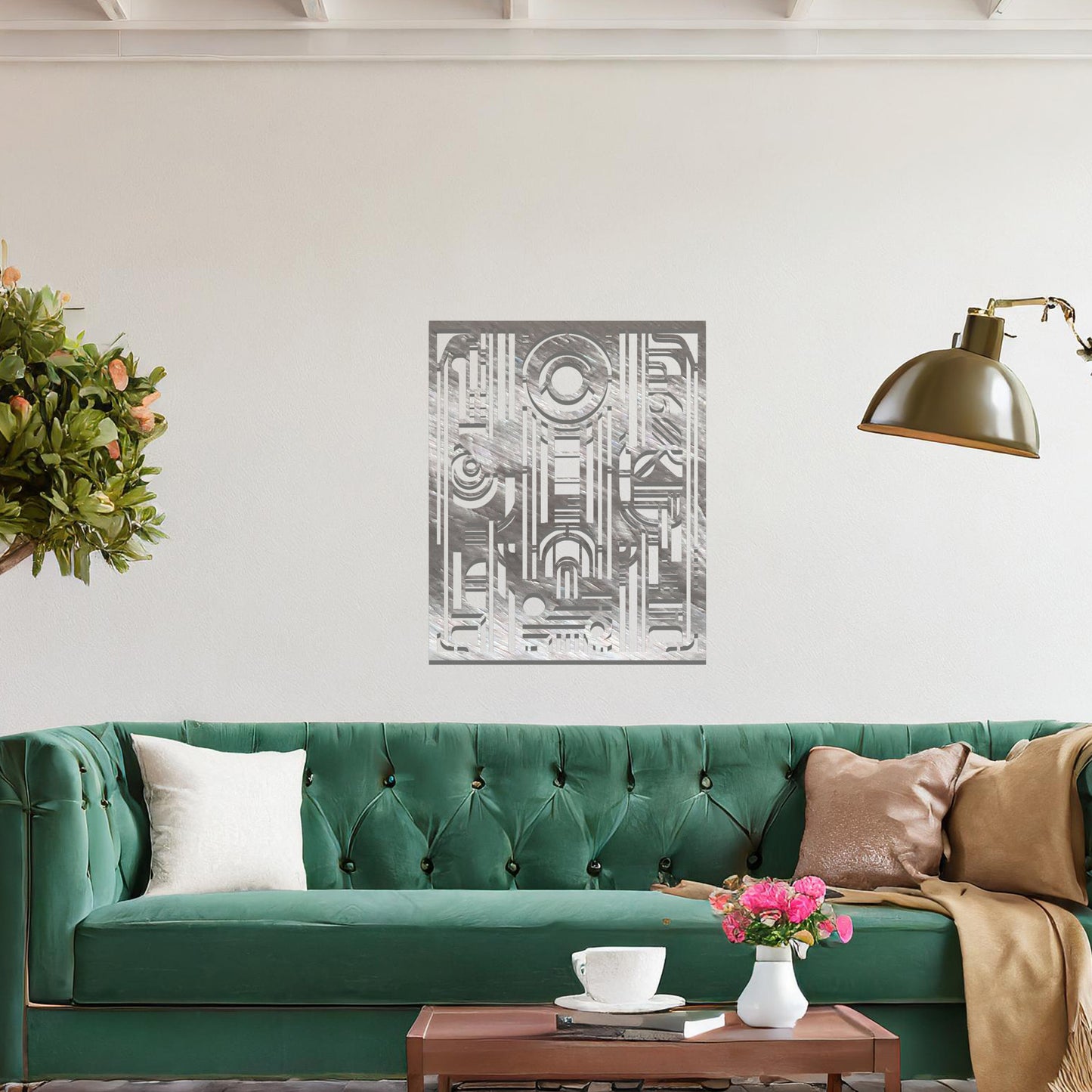 A geometric metal wall art featuring an intricate pattern with a combination of circles, lines, and arches. The design is framed within a rectangular shape, displayed on a neutral wall. The piece adds a modern touch to the room's decor.