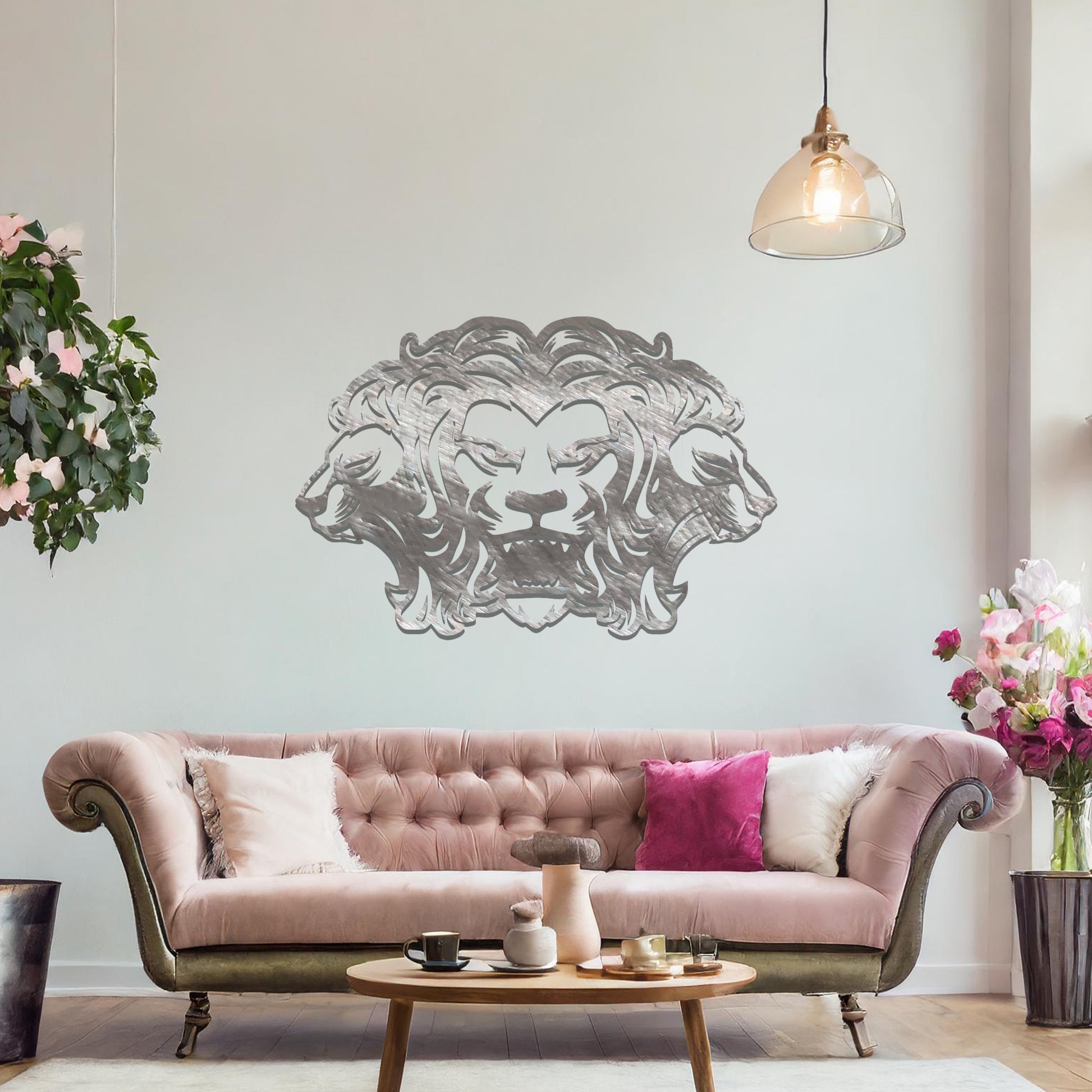 A bold and powerful design showcasing a roaring lion flanked by two ram heads, symbolising strength and leadership. The intricate details bring this dynamic composition to life, perfect for statement decor.
