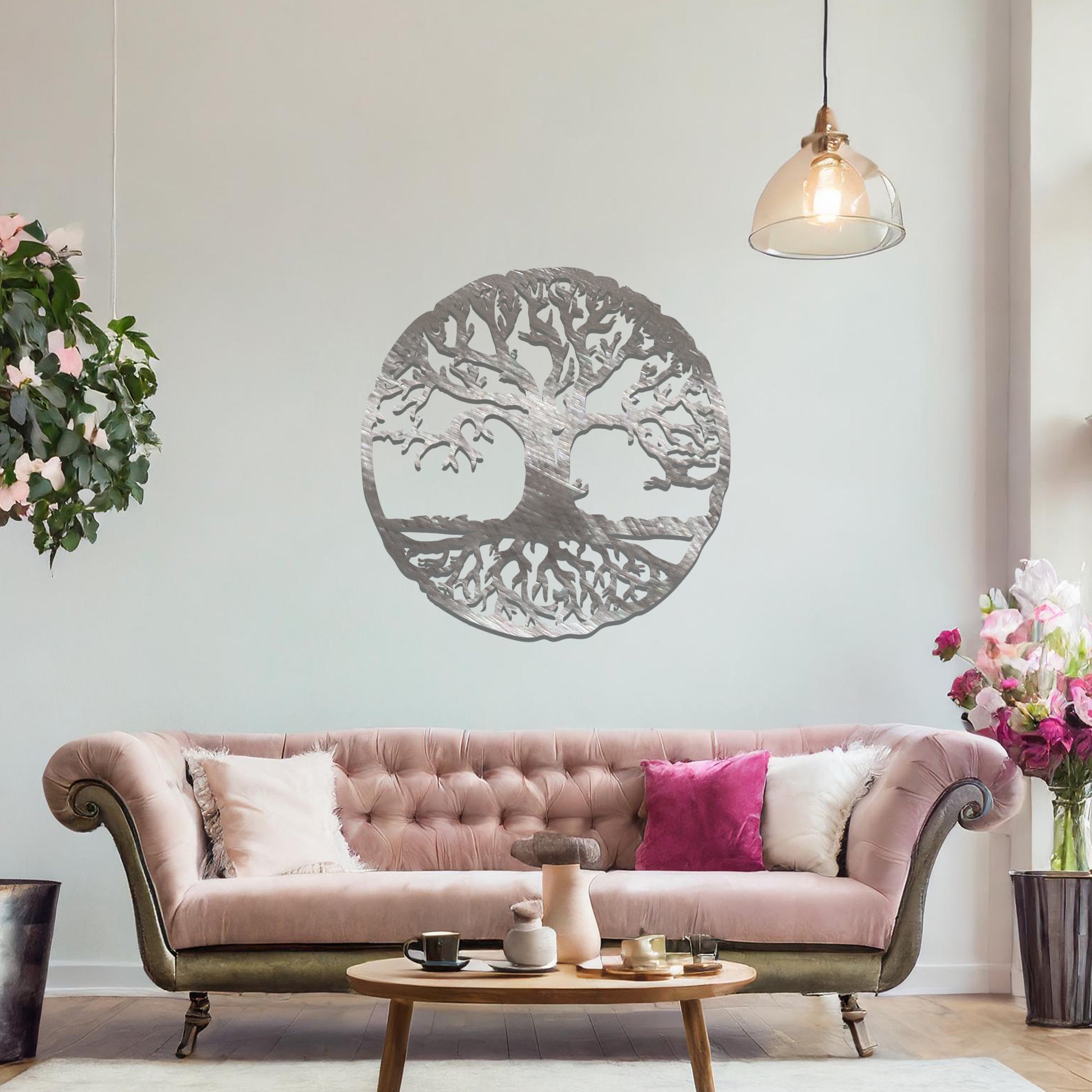 A captivating tree of life design enclosed in a circular frame, highlighting intricate branches and roots. This wall art symbolises harmony, growth, and connection, making it a meaningful addition to any interior space.