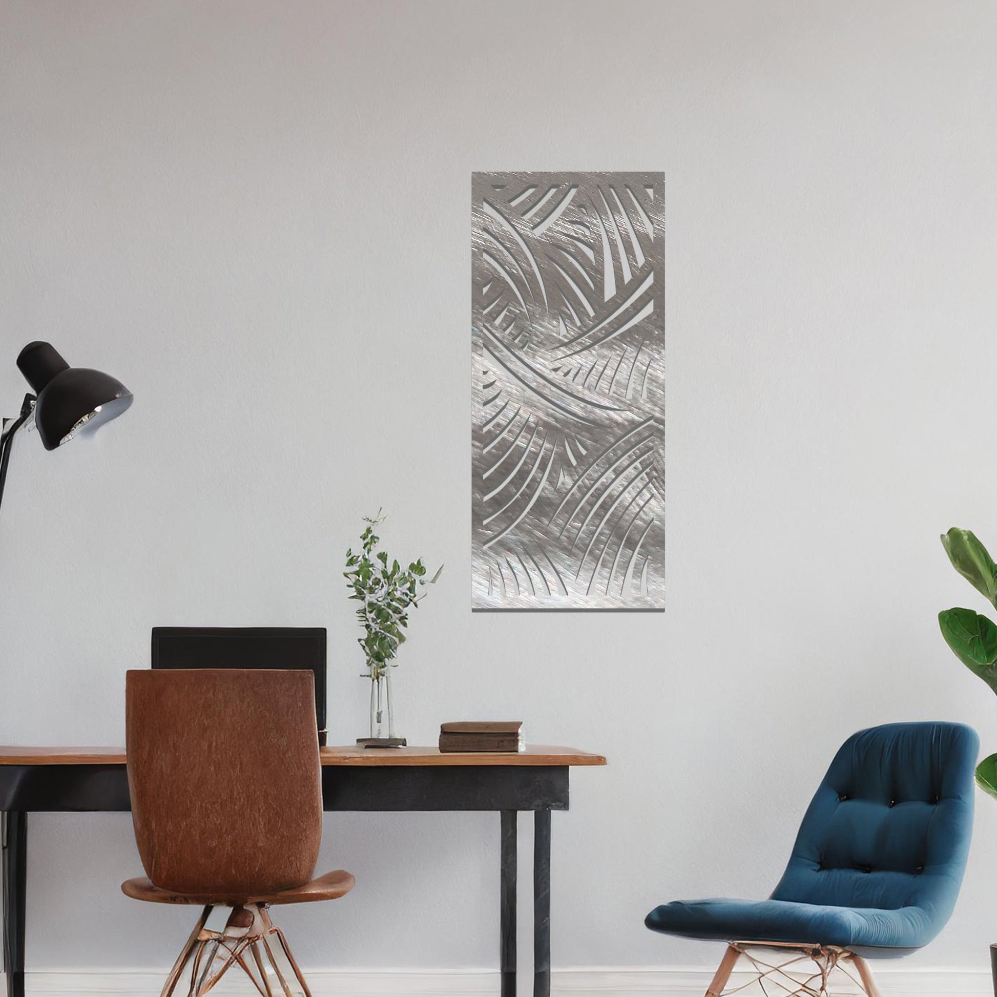 A dynamic metal wall art design featuring intricate curved lines and sweeping arcs, creating a sense of movement and depth. The artwork is displayed on a neutral wall within a modern living space, adding a sophisticated touch.