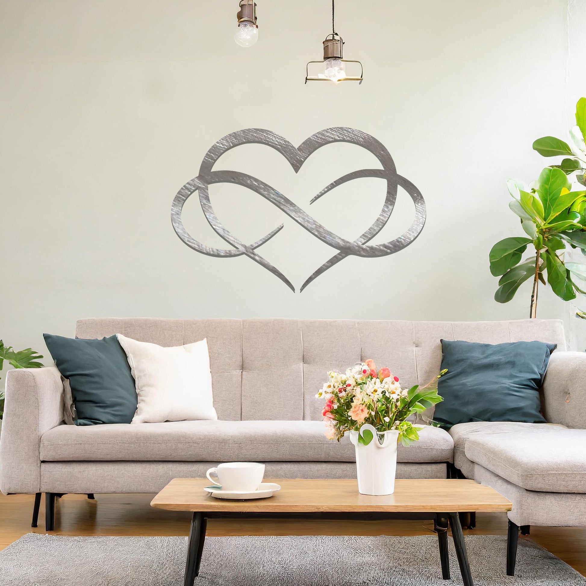 Infinity love heart design with smooth, intertwining curves symbolising eternal love and connection, presented in a bold and minimalist style, perfect for adding a touch of elegance to any space.