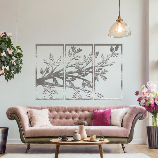A three-panel artwork featuring an intricate branch design adorned with detailed leaves, creating a captivating and natural aesthetic. Perfect for enhancing any wall space with elegance.