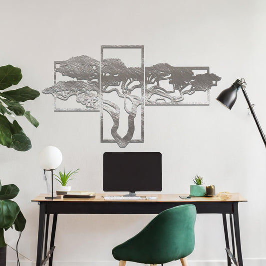 Metal wall art featuring a multi-panel tree design with a detailed branching structure, crafted with precise laser-cut techniques, displayed on a neutral wall within modern decor.