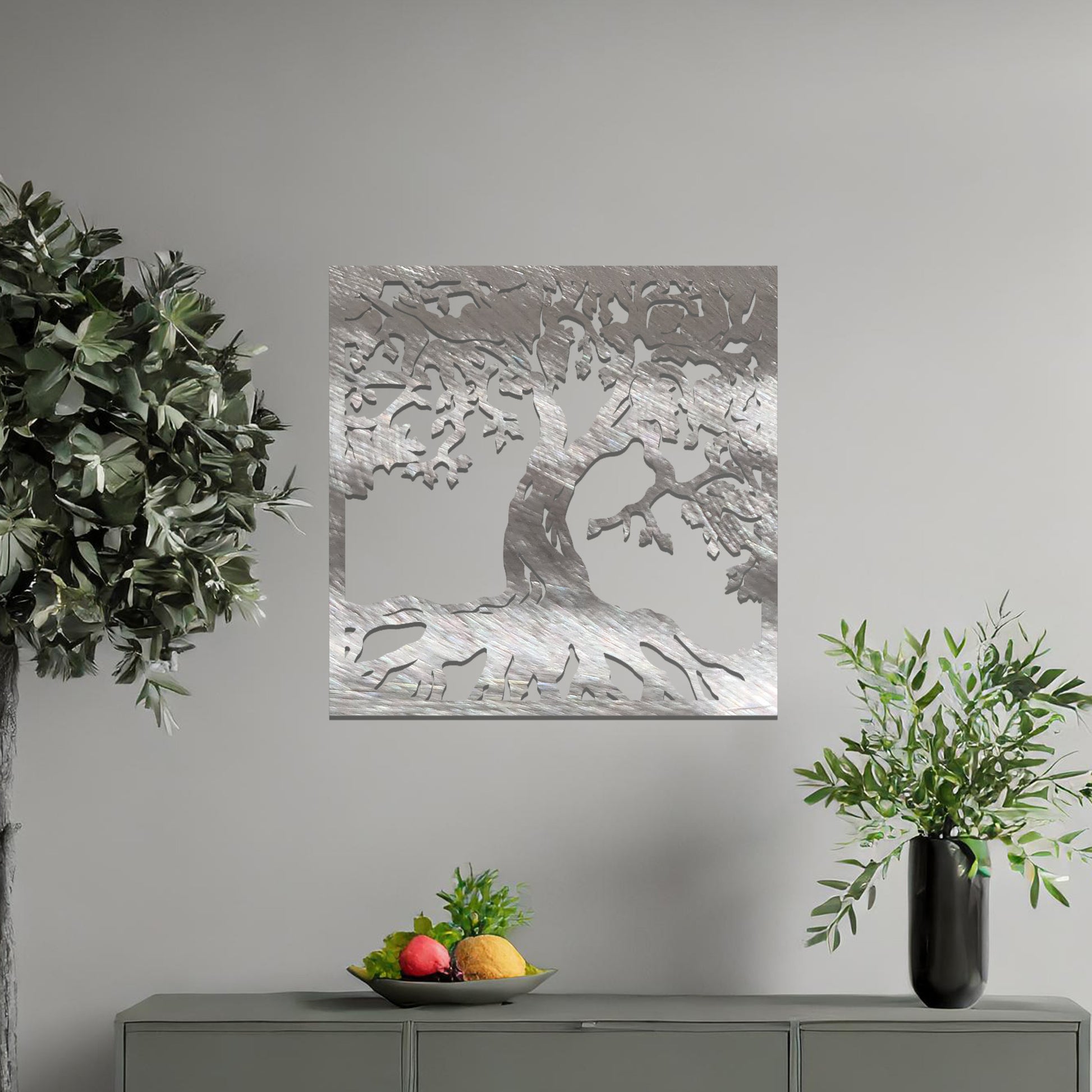 Wall art design featuring a tree with detailed roots and branches, showcasing intricate organic shapes. The tree's silhouette is framed within a square, symbolising growth, strength, and nature.