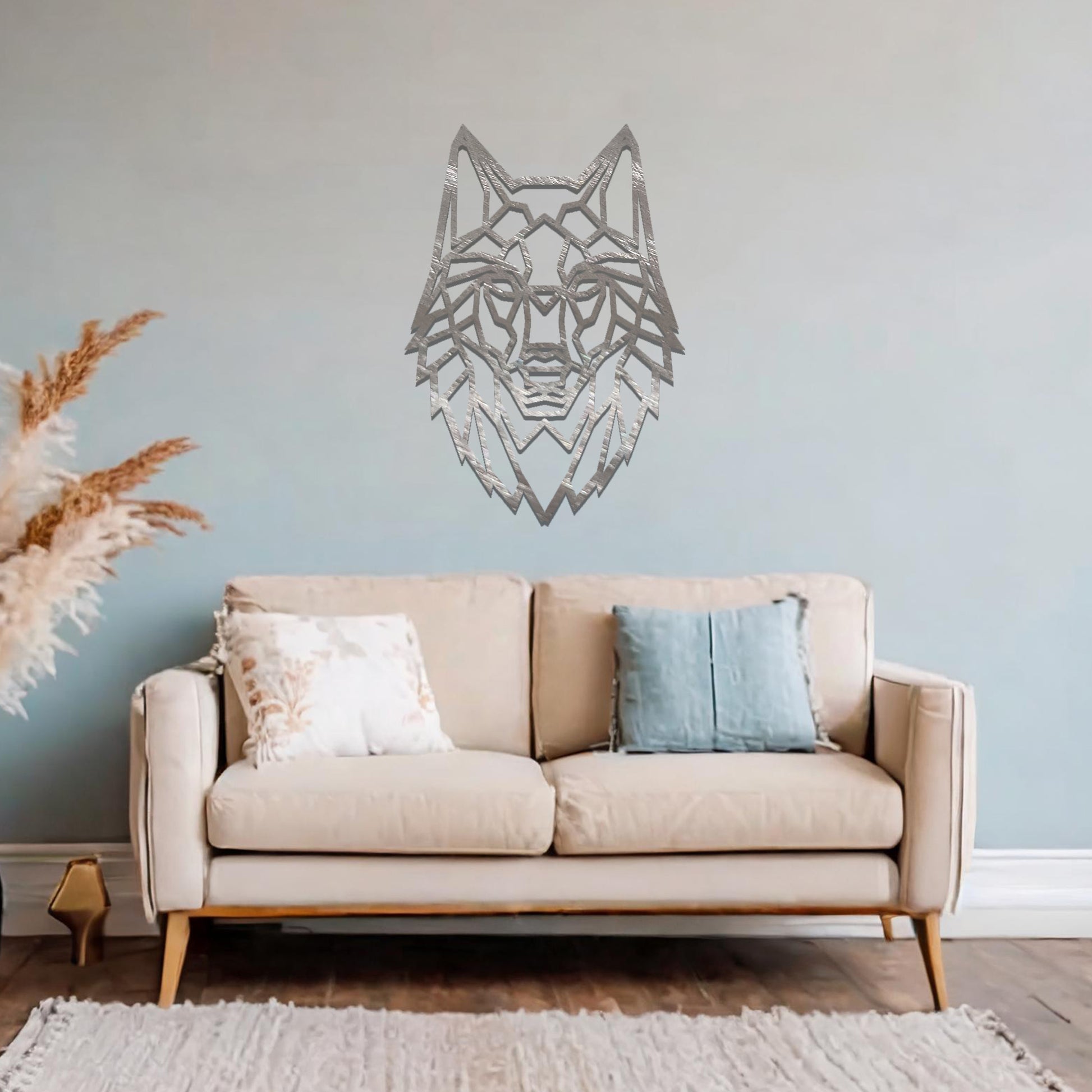 A geometric wolf head wall art design, blending modernity with the untamed spirit of nature. Its intricate lines form a striking focal point for any contemporary living space.