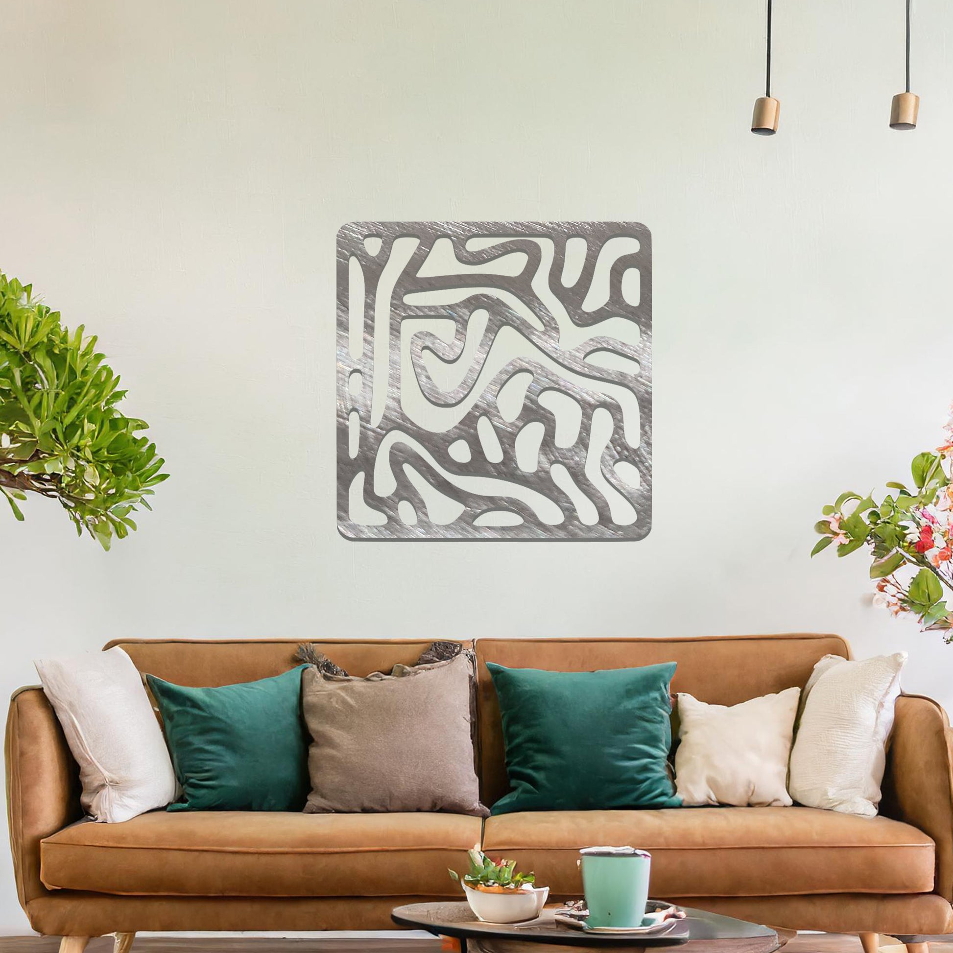 Abstract flowing line design with curved and irregular patterns, creating a dynamic and modern composition. The art is displayed on a neutral wall in a minimalist room with contemporary decor.