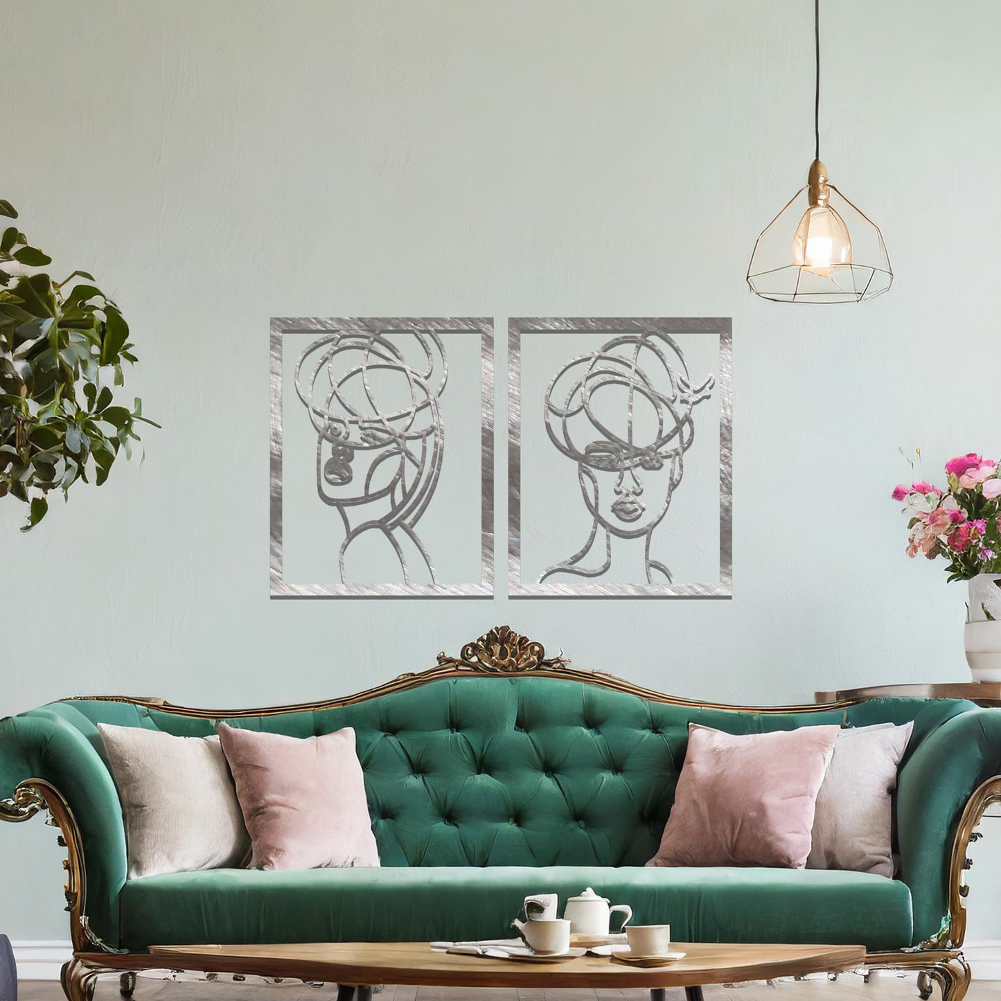 Rustic wall art featuring two abstract portraits of women with intricate line details, offering a sophisticated and modern touch to the living space.