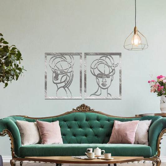 Rustic wall art featuring two abstract portraits of women with intricate line details, offering a sophisticated and modern touch to the living space.