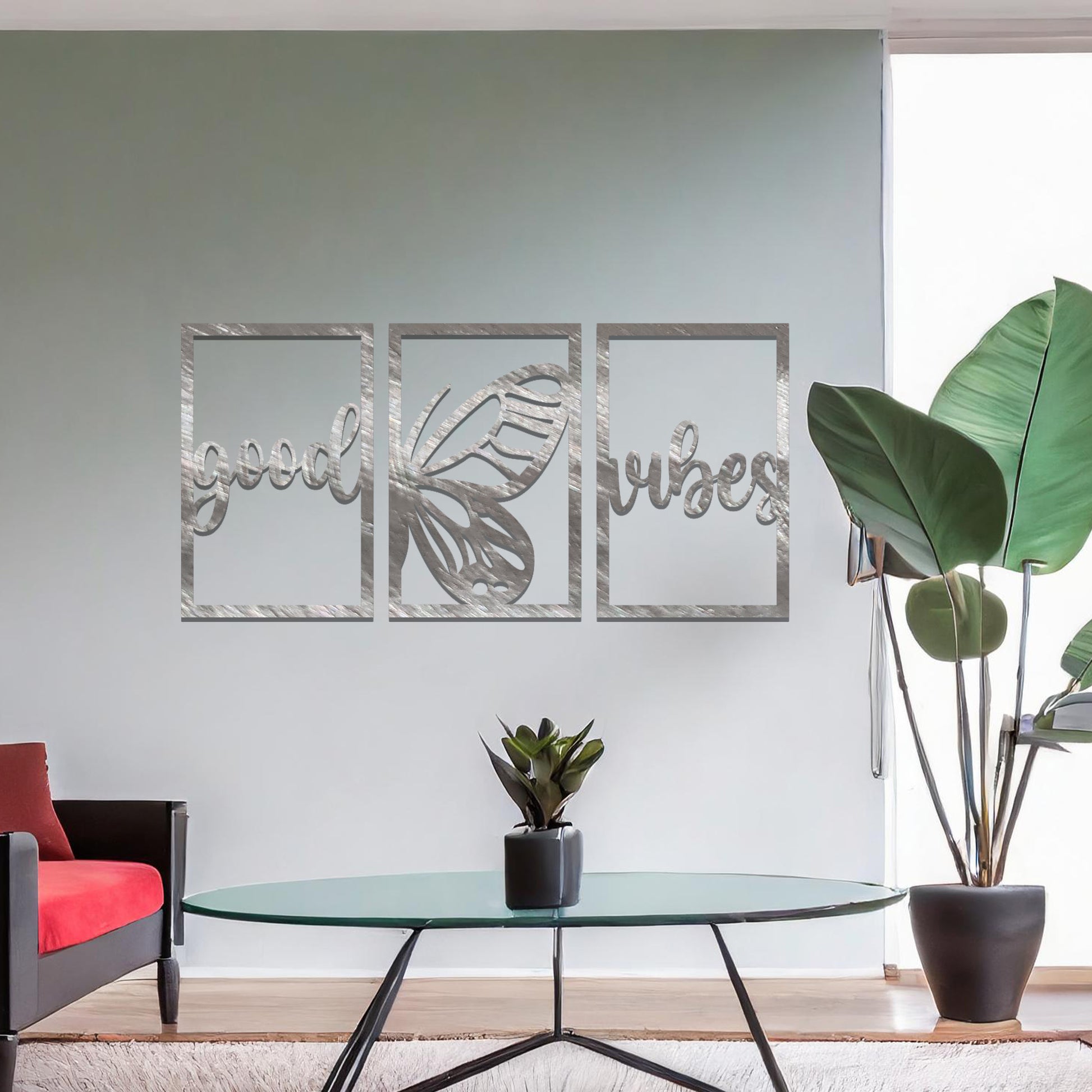 A charming triptych wall art design with a "good vibes" script and a central butterfly illustration. Perfect for creating a positive and uplifting atmosphere in your living space.