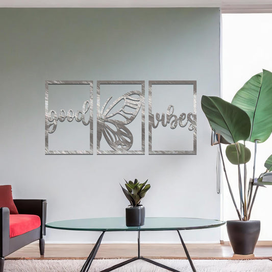 A charming triptych wall art design with a "good vibes" script and a central butterfly illustration. Perfect for creating a positive and uplifting atmosphere in your living space.