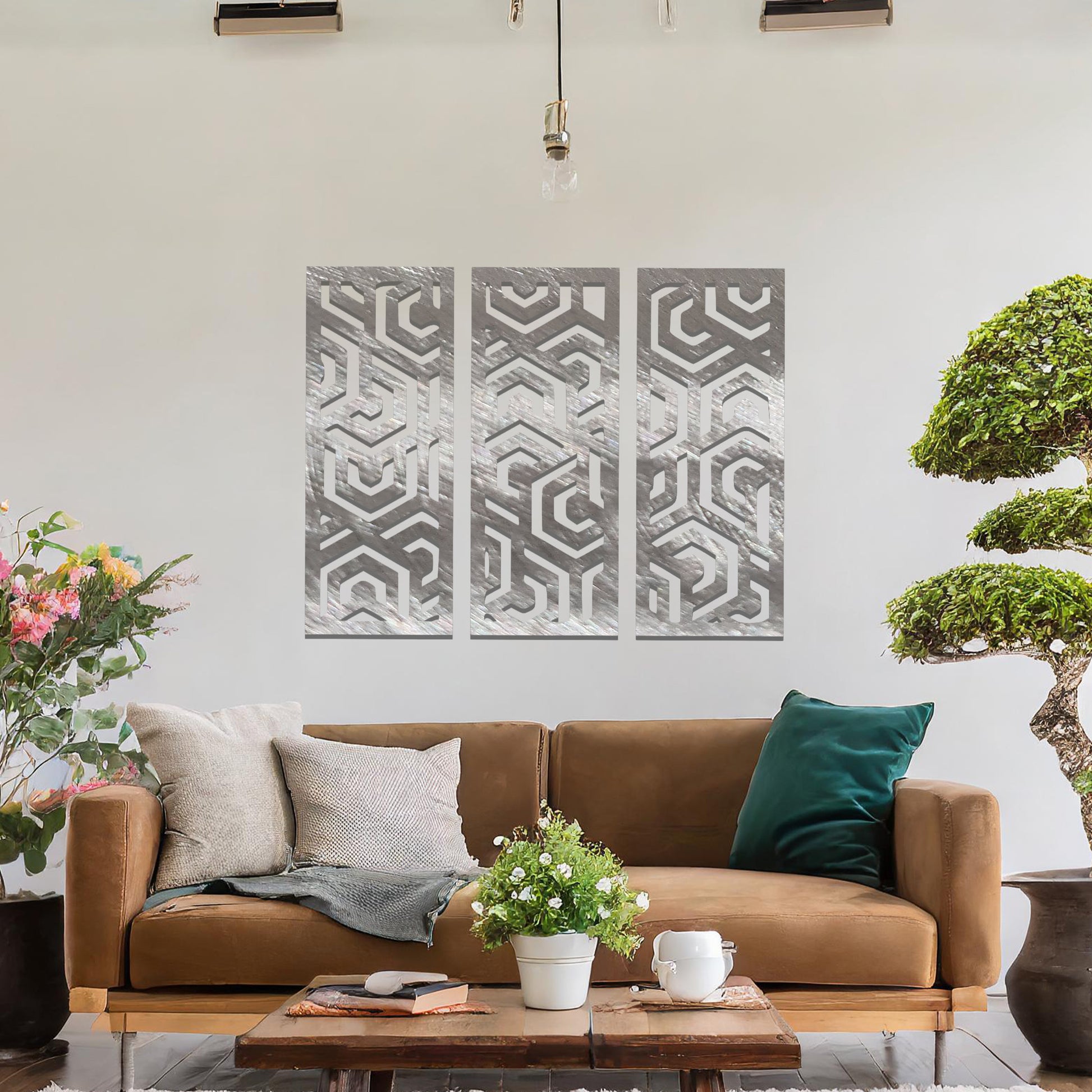 A modern geometric wall art triptych featuring intricate interlocking patterns, perfect for adding depth and sophistication to your living space with a contemporary edge.