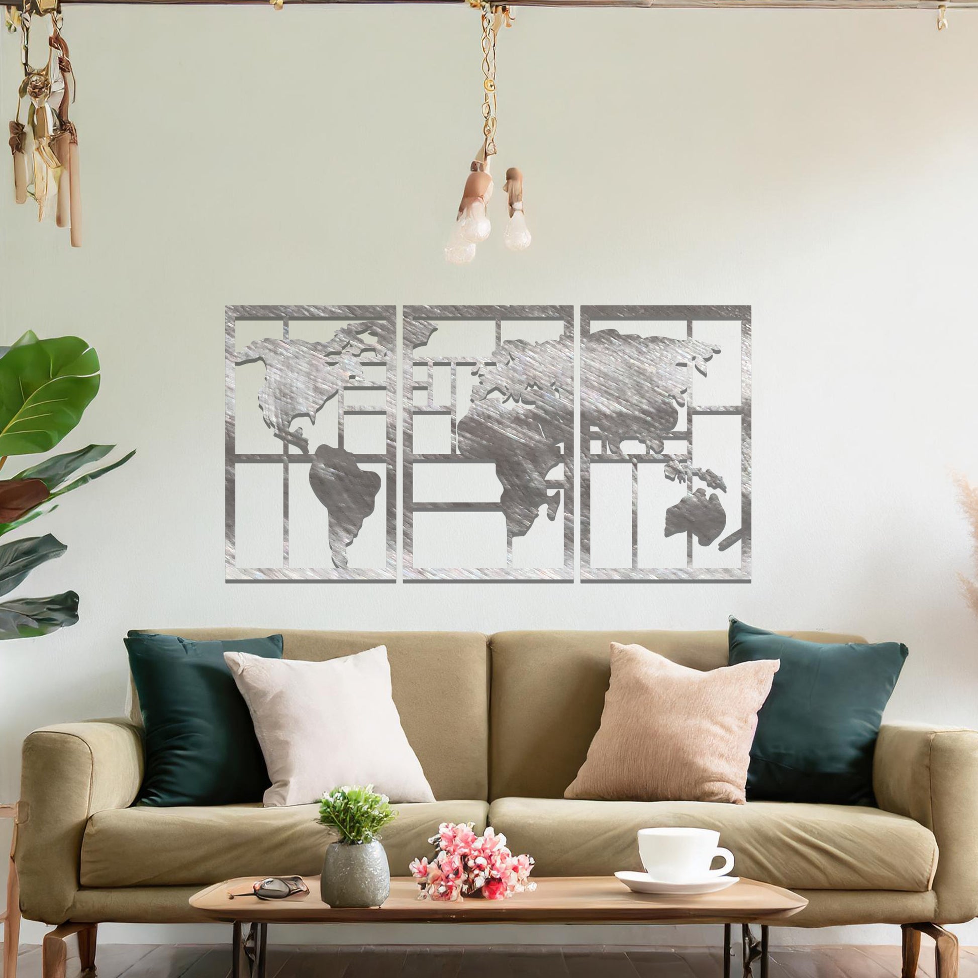 Metal wall art featuring a three-panel design of a world map with geometric patterns. The map is displayed in a contemporary layout, and the art is placed on a neutral wall within modern room decor, offering a stylish global touch to the space.
