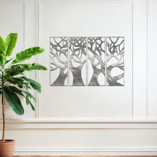 Metal wall art featuring a four-panel design of interconnected tree trunks and branches, showcasing intricate details and organic shapes, creating a striking and nature-inspired statement piece for the interior.