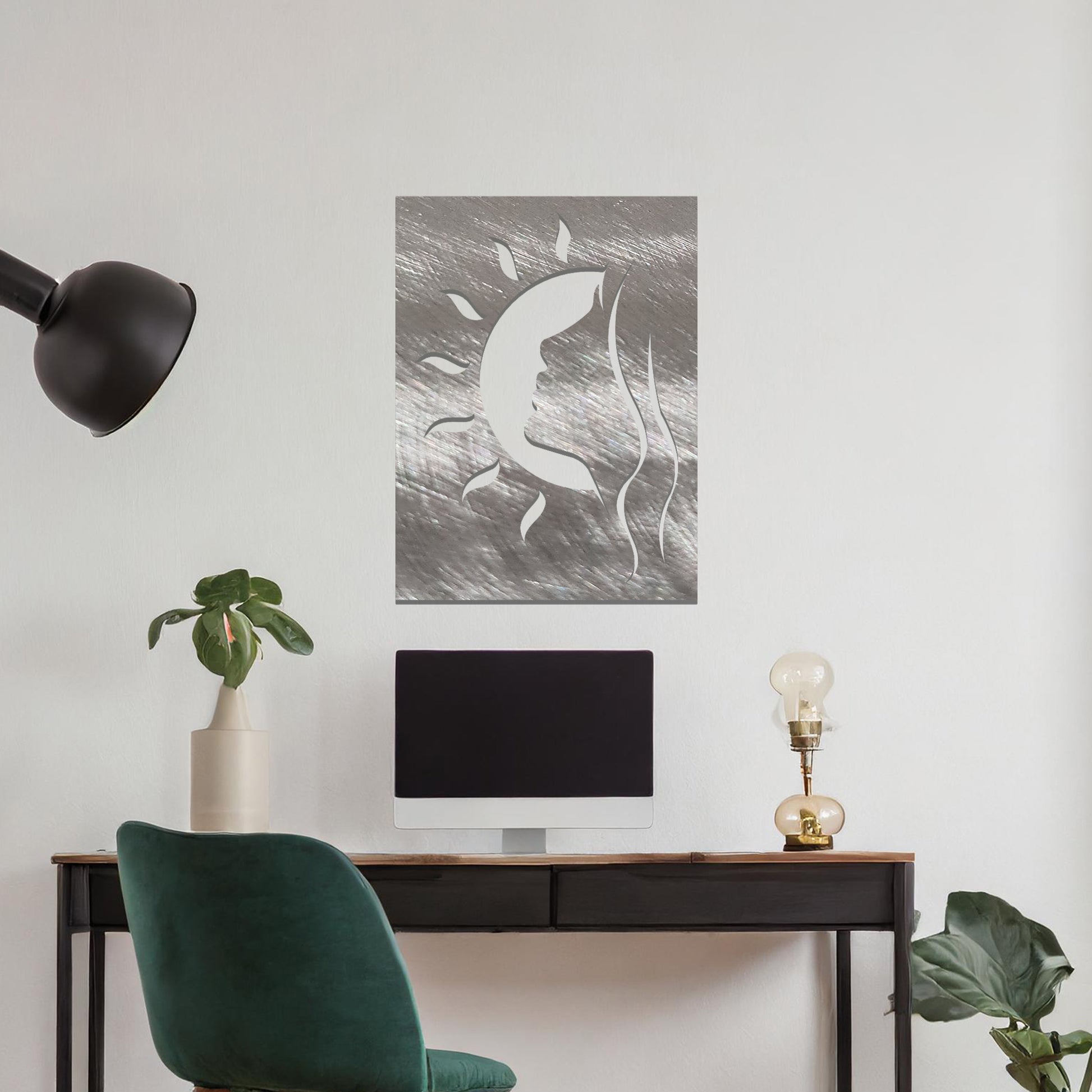 Wall art design featuring the profile of a woman's face combined with a crescent moon and sun rays, creating a harmonious celestial-themed silhouette.