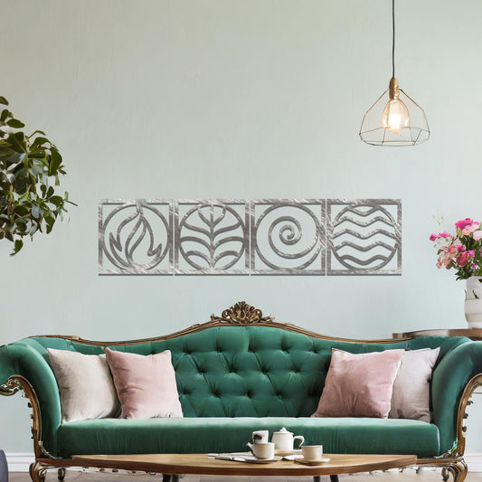 A geometric representation of the four classical elements: fire, earth, air, and water, displayed in a minimalist, rust-effect design. Each symbol is framed for a balanced and artistic look.