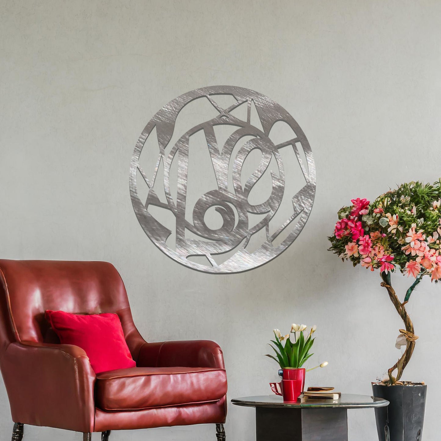 A modern love-themed wall art design, featuring abstract lines and curves forming the word "Love" within a circular frame. This elegant piece adds a touch of romance and sophistication to any interior.