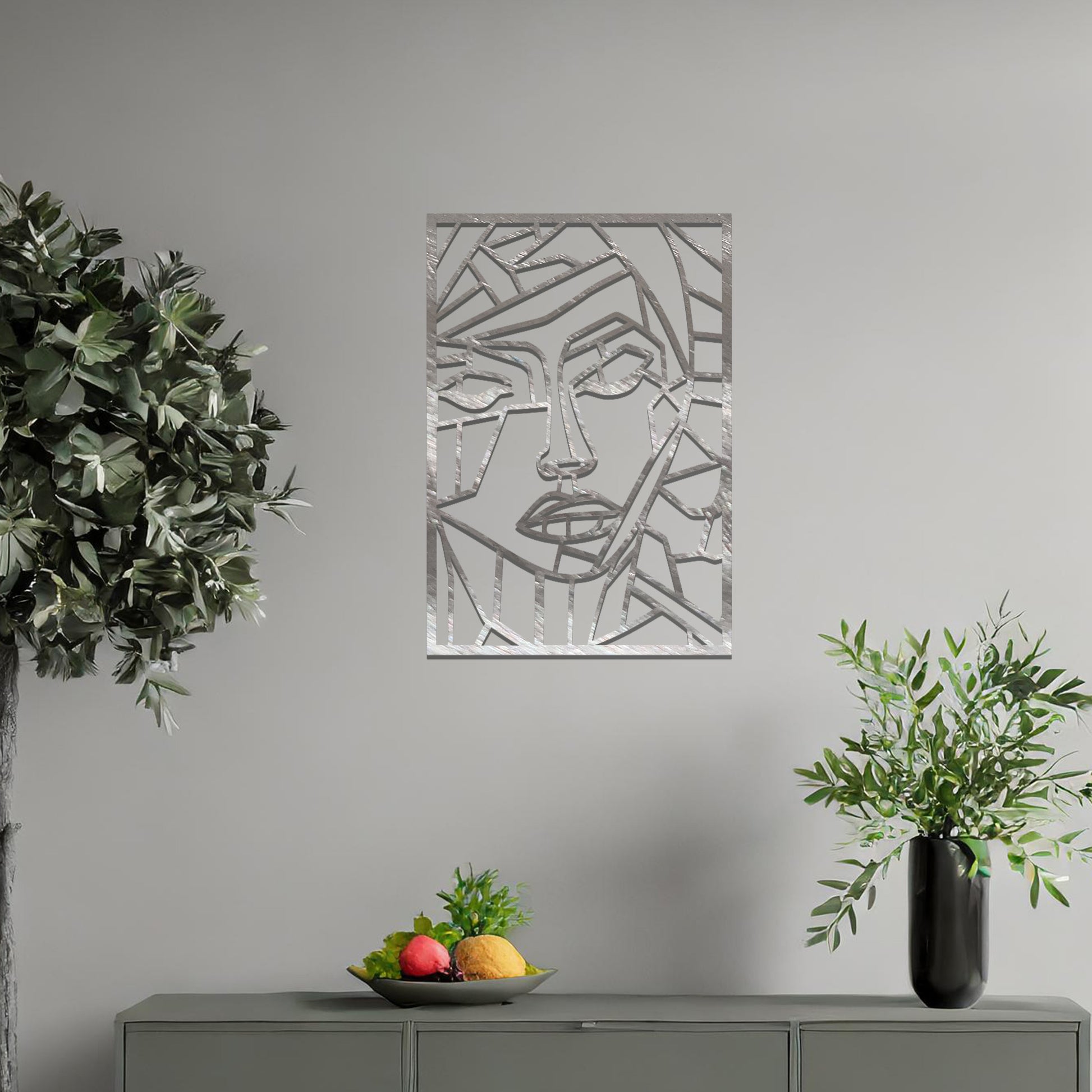 Abstract geometric wall art design of a face, created through angular, fragmented lines that form a modern and artistic interpretation of human features.