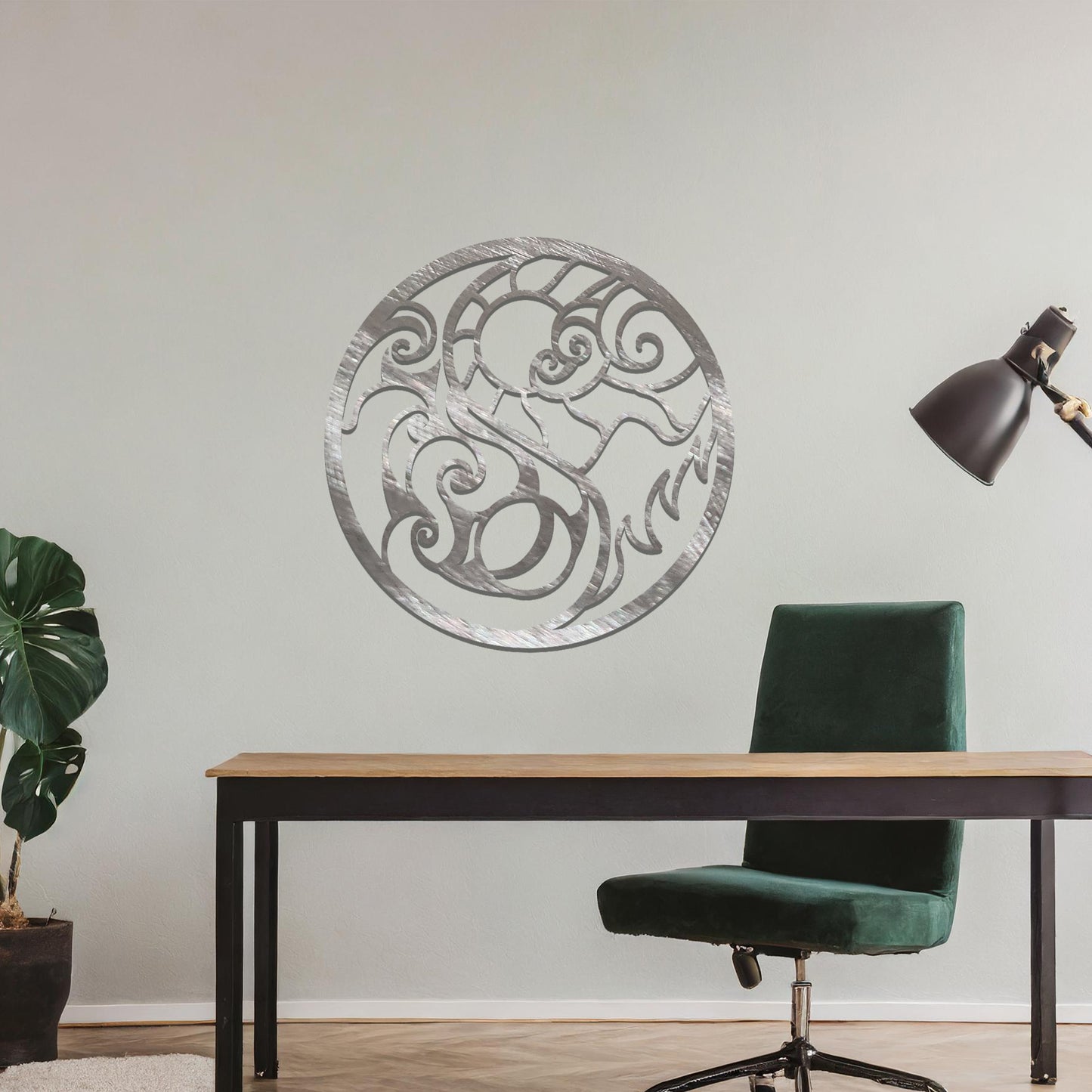 Intricate swirling design forming a circular shape, with dynamic lines representing movement and contrast. The art is displayed on a neutral wall in a stylish room with modern decor and vibrant flowers.