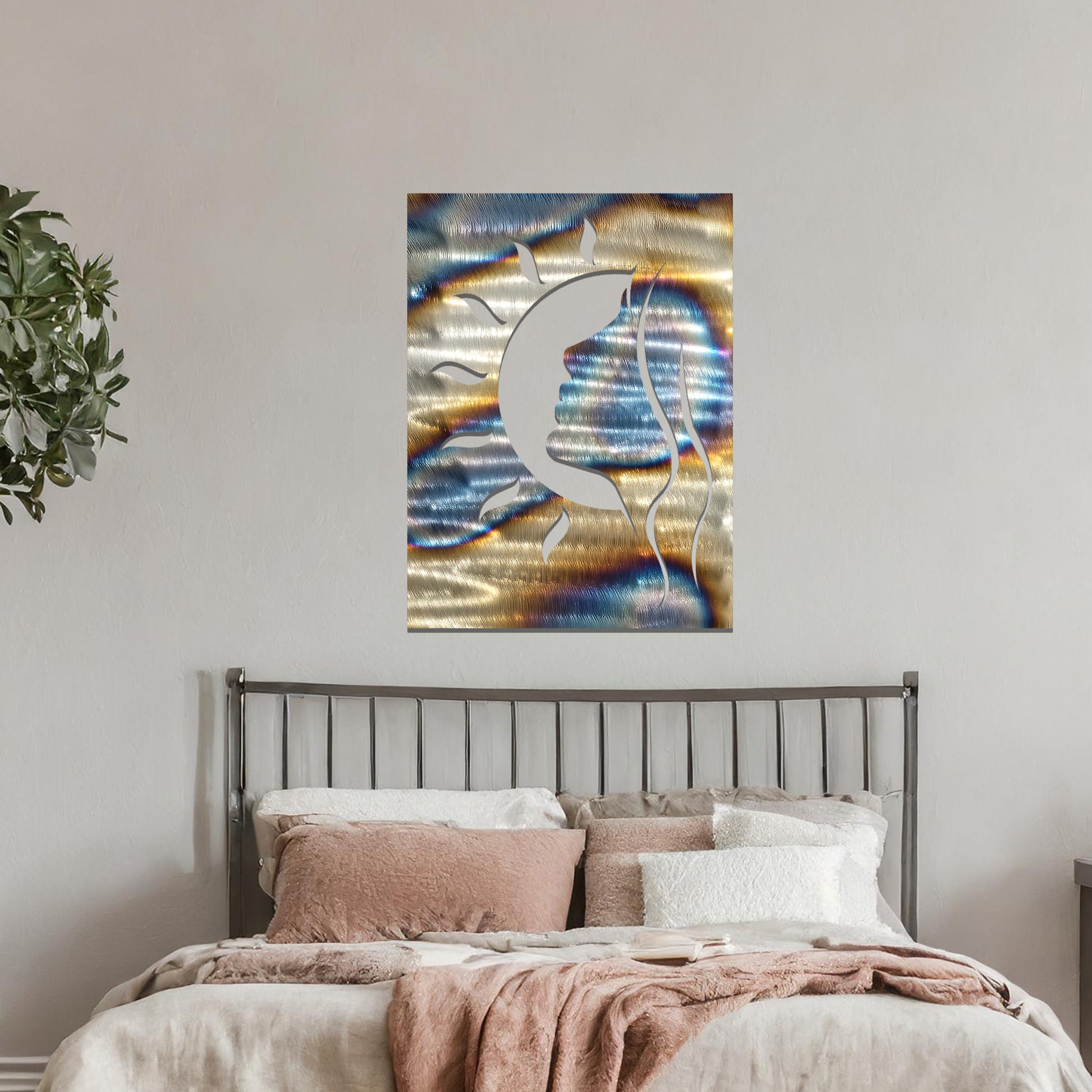 Wall art design featuring the profile of a woman's face combined with a crescent moon and sun rays, creating a harmonious celestial-themed silhouette.