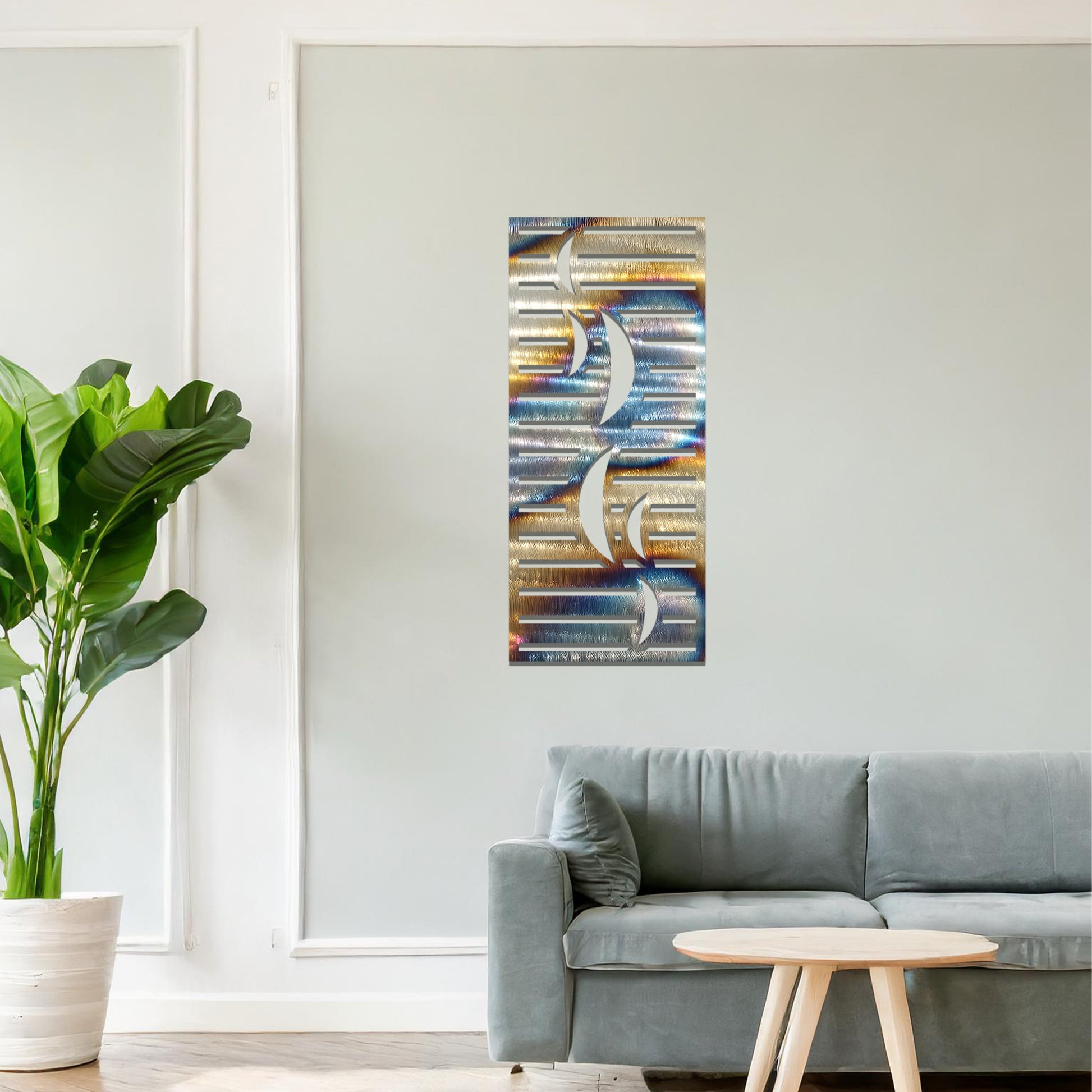 A sleek and modern metal wall art design featuring curving abstract shapes set against horizontal stripes, creating a dynamic and contemporary look. The artwork is displayed on a neutral wall within a stylish, minimalistic setting.