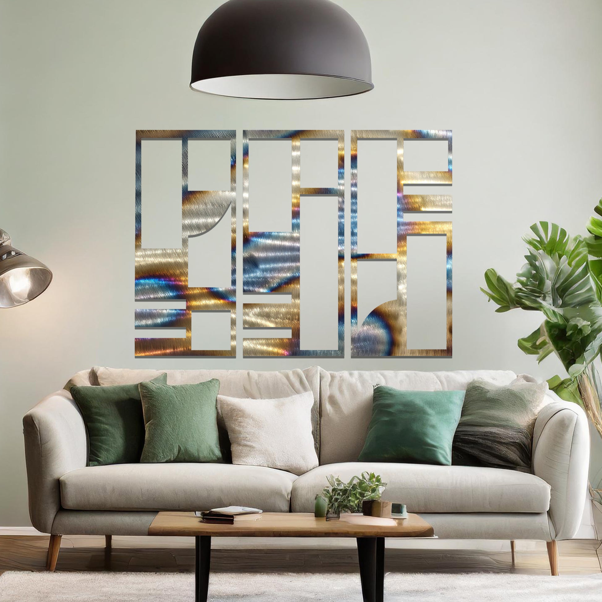 Abstract metal wall art set of three panels with geometric designs featuring rectangular and square shapes, curved lines, and clean angles. The art is displayed on a neutral wall within modern room decor, adding a contemporary touch to the space.